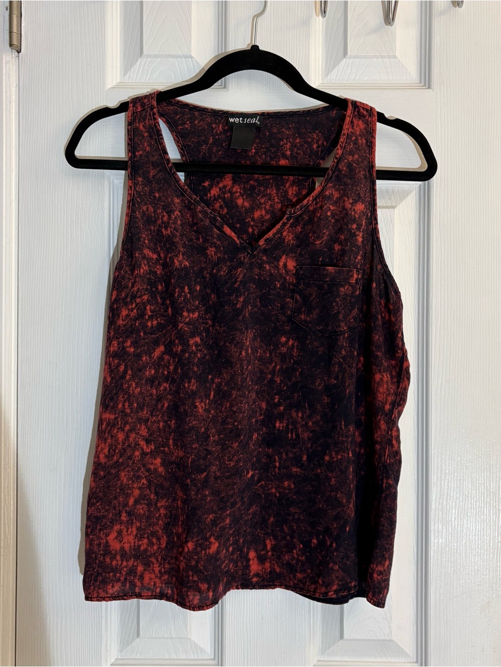 Y2K Wet Seal Acid Wash V-Neck Tank Top Pocket Red Black Racerback Women's Size S